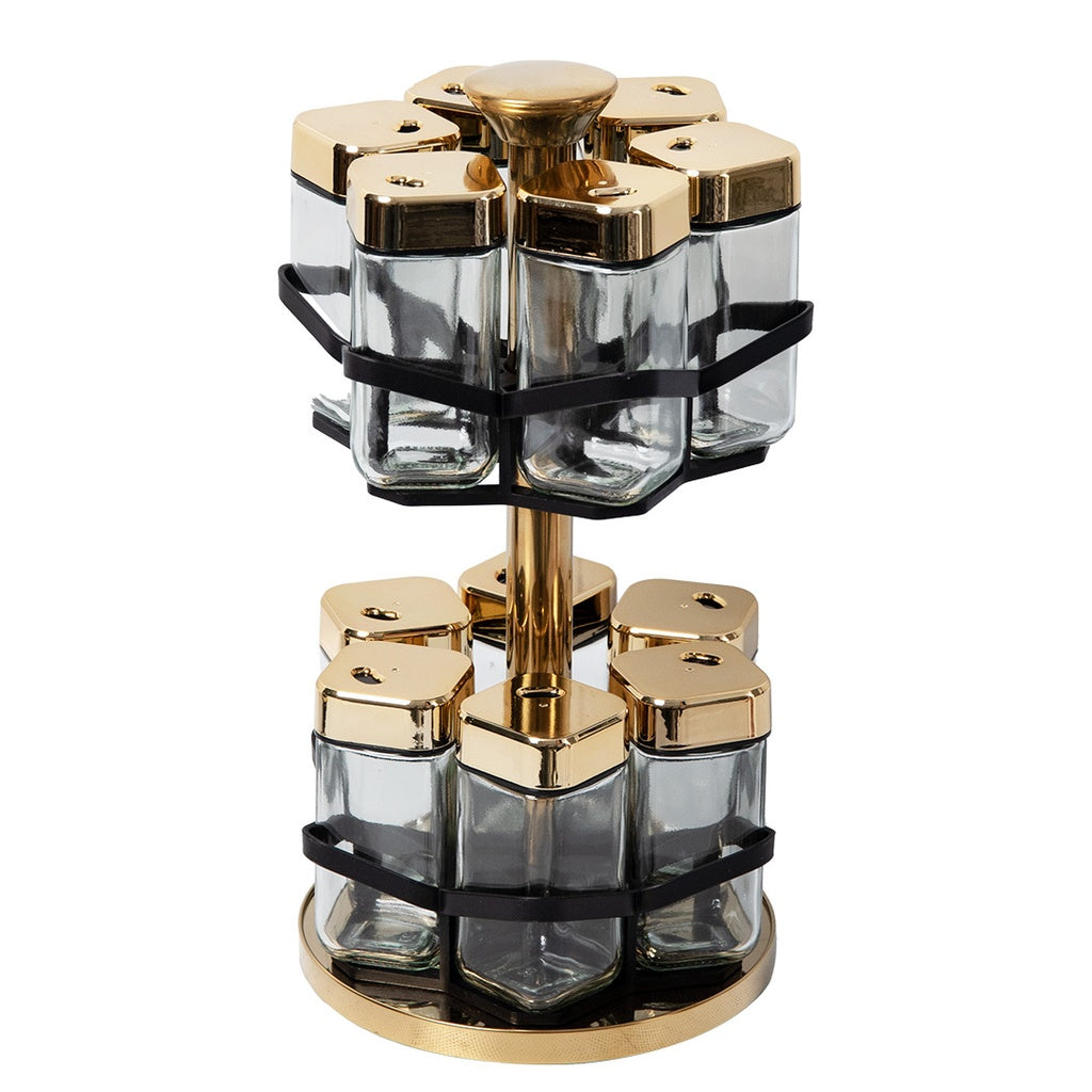 Set portes-épices 12 pièces en verre avec support tournant doré