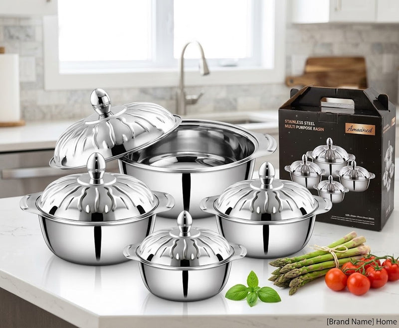 Série de 4 Bols plats en inox avec couvercle